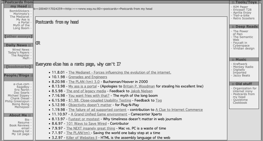 Postcards from my Head — three-column grey layout, essay list, blogroll sidebar