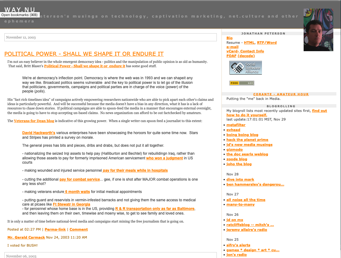 way.nu Movable Type blog — right-aligned, three-column layout, blog posts about politics and tech culture