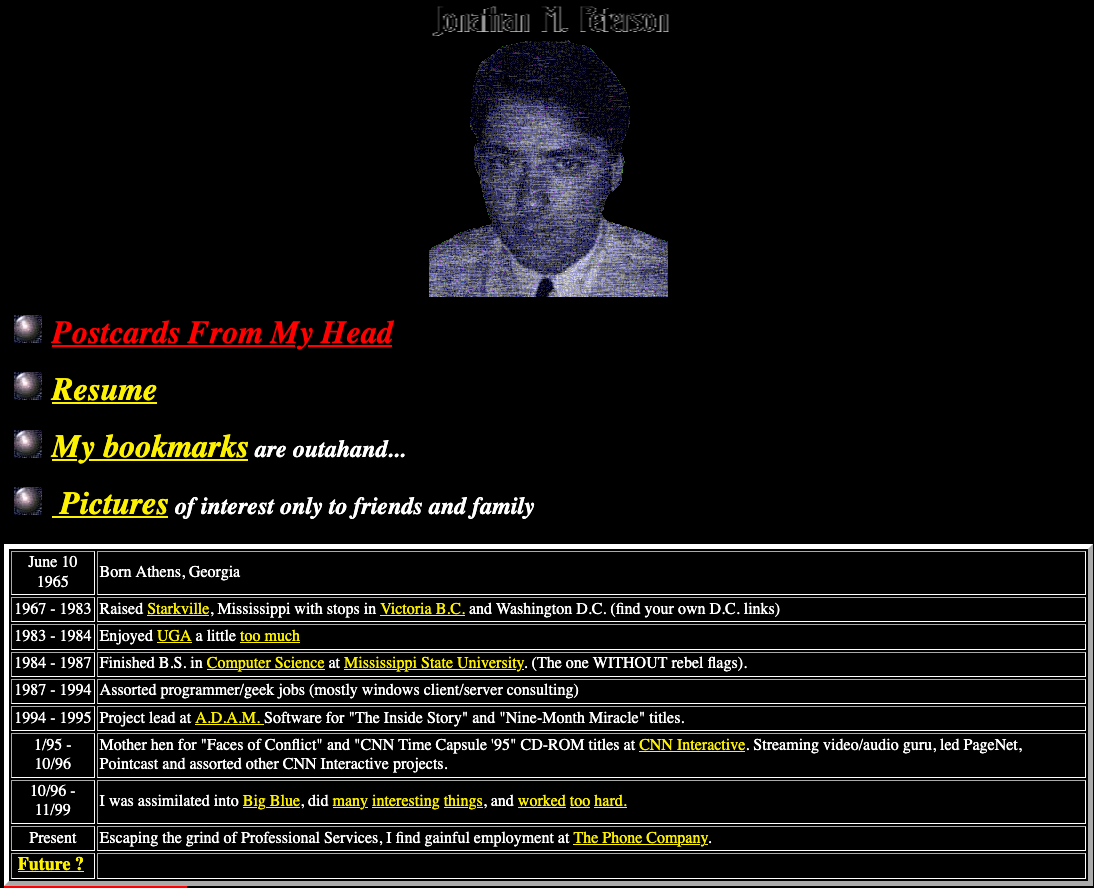 way.nu personal homepage circa 2001 — black background, white text, centered photo, LED bullet navigation