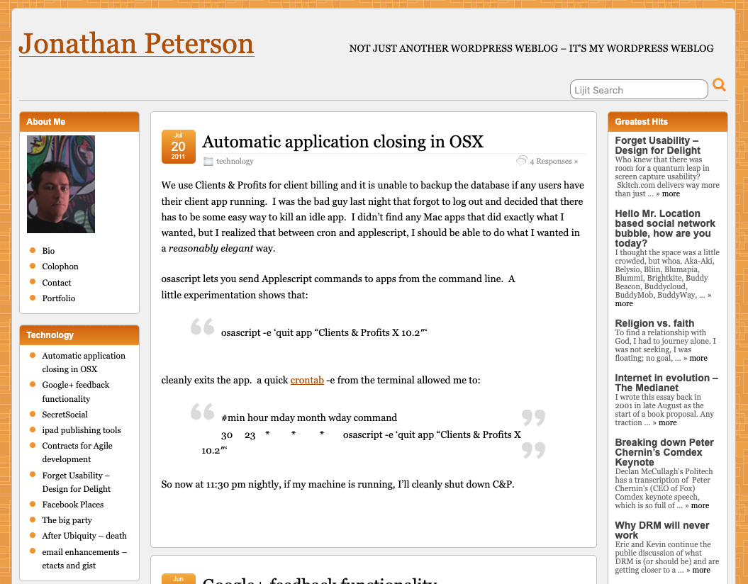 jonathan-peterson.com WordPress with Suffusion theme — orange accent color scheme, standard blog layout with right sidebar